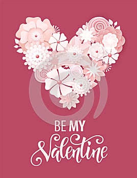 Beautiful floral heart for Valentines Day card. Origami flowers. Vector illustration EPS10.