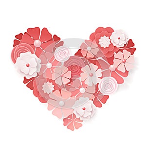 Beautiful floral heart for Valentines Day card. Origami flowers. Vector illustration EPS10.