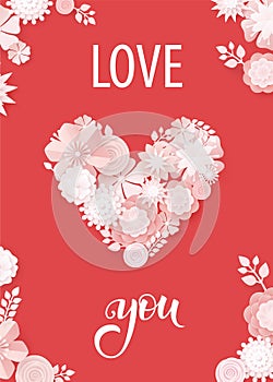 Beautiful floral heart for Valentines Day card. Origami flowers. Vector illustration EPS10.