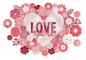 Beautiful floral heart for Valentines Day card. Origami flowers. Vector illustration EPS10.