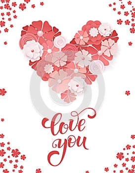 Beautiful floral heart for Valentines Day card. Origami flowers. Vector illustration EPS10.