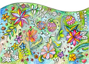 Beautiful floral lawn. Different summer flowers. Hand drawn picture