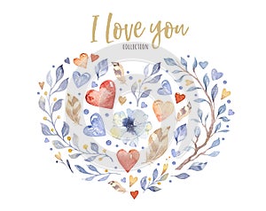 Beautiful floral love heart shape for valentine`s day or wedding design. Watercolor spring beautiful flowers decoration