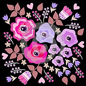 Beautiful floral ornament in naive style. Doily, bandana, pillowcase, greeting or invitation card