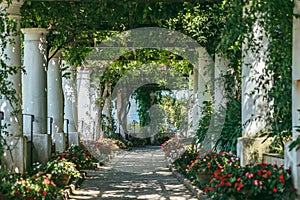 Beautiful floral passage with columns and plants overhead in garden in Anacapri, capri island, Italy