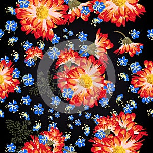 Beautiful floral pattern with bright chamomilies and blue flower