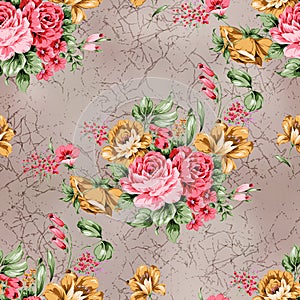 Beautiful floral pattern, seamless vintage flower design with texture pastel background