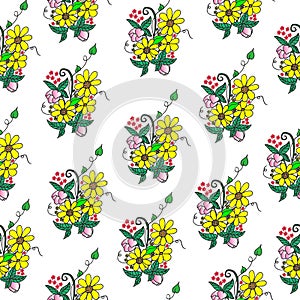 Beautiful floral pattern on white background. bouquet of colorful flower with green leaf illustration. hand drawn vector. seamless