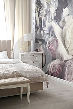 Beautiful floral photoart work used as wallpaper in bedroom