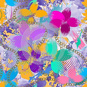Beautiful floral seamless pattern. Colorful dirty watercolor background. Hand drawn doodle brush strokes flowers, chains. Abstract