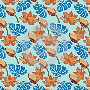 Beautiful floral seamless pattern of dark sinopia, liver organ, star command blue, light french beige color lotus flower,lotus bud
