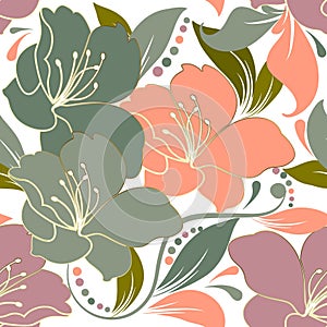 Beautiful floral seamless pattern. Elegance ornamental white background with vintage colorful flowers, leaves, circles. Repeat