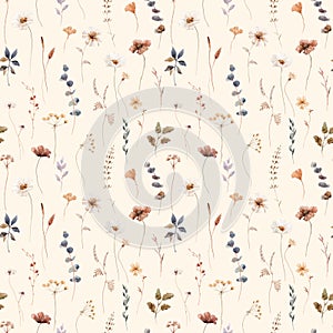 Beautiful floral seamless pattern with hand drawn watercolor autumn fall colors flowers. Stock floral illustration.