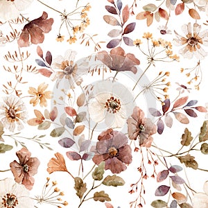 Beautiful floral seamless pattern with hand drawn watercolor autumn fall colors flowers. Stock floral illustration.