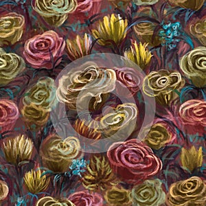 Beautiful floral seamless pattern with hand-painted flowers roses and delicately leaves. Colorful template.