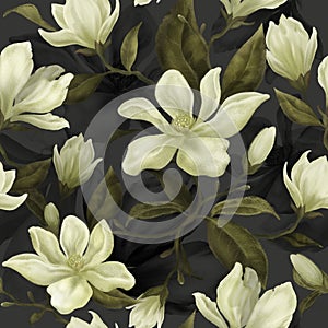 Beautiful floral seamless pattern. Hand painted magnolia flowers on dark background