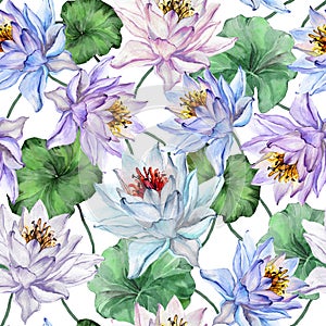 Beautiful floral seamless pattern. Large blue and purple lotus flowers with leaves on white background. Hand drawn illustration.