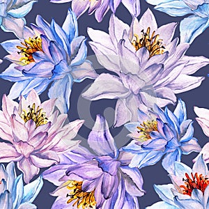 Beautiful floral seamless pattern. Large colorful lotus flowers on gray background. Hand drawn illustration. Watercolor painting.