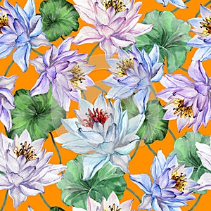 Beautiful floral seamless pattern. Large lotus flowers with stems and leaves on bright orange background.