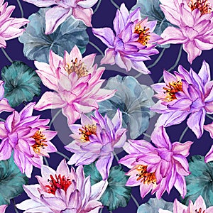 Beautiful floral seamless pattern. Large pink and lilac lotus flowers with green leaves on dark purple background.