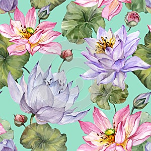 Beautiful floral seamless pattern. Large pink and purple lotus flowers with leaves on turquoise background.