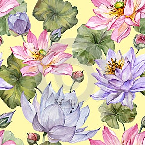 Beautiful floral seamless pattern. Large pink and purple lotus flowers with leaves on yellow background. Hand drawn illustration.