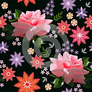 Beautiful floral seamless pattern with pink roses and abstract embroidery flowers on black background