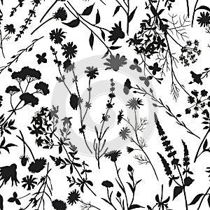 Beautiful floral seamless pattern with watercolor hand drawn summer wild field flowers. Stock illustration.