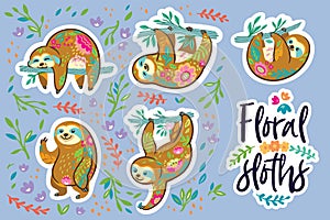 Beautiful floral sloths. Sticker set. Vector illustration