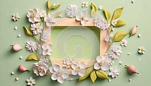Beautiful floral spring abstract background. Flowering branches with frame on gentle light green background. Generative AI