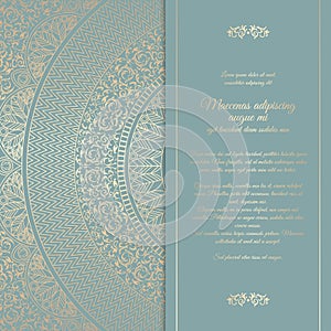 Beautiful floral square invitation card with golden round pattern. Vintage wedding cover design template. Vector mandala