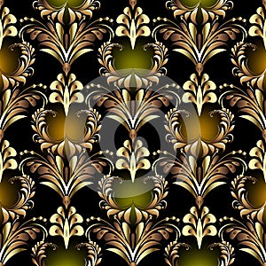 Beautiful floral vintage 3d vector seamless pattern. Glowing colorful ornamental background. Gold hand drawn Paisley flowers,