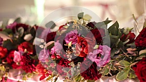 Beautiful floral wedding decorations. Wonderful flowers are on the table close-up