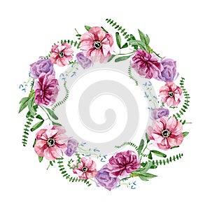 Beautiful floral wreath with watercolor, purple peony, pink anemone. Greenery branches and leaves composition. Wild flower