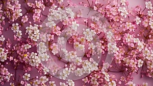 Beautiful flower background of pink gypsophila flowers. Flat lay, top view. Floral pattern
