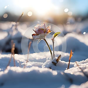 A beautiful flower blooms in the snow generated by artificial intelligence