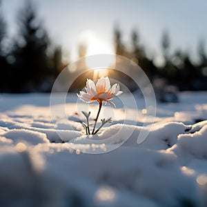 A beautiful flower blooms in the snow generated by artificial intelligence
