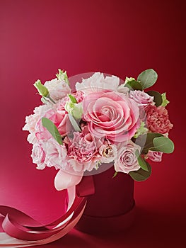 Beautiful flower box on red background, bouquet of blooming flowers as holiday gift, luxury floral design