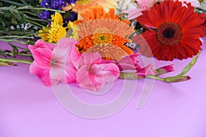 Beautiful flower colorful gerbera and Gladiolus spring flowers decorate pink background