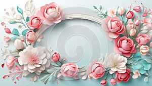 Beautiful flower frame composition on pastel background with copy space for Wedding invitation, Valentine\'s Day,..