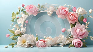 Beautiful flower frame composition on pastel background with copy space for Wedding invitation, Valentine\'s Day,..