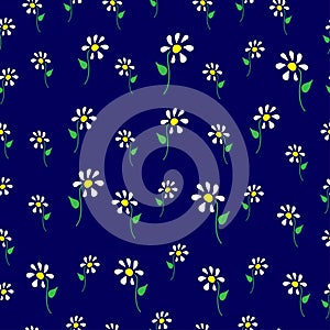 Beautiful flower with green leaf illustration on dark blue background. white and yellow flower. seamless pattern, hand drawn vecto