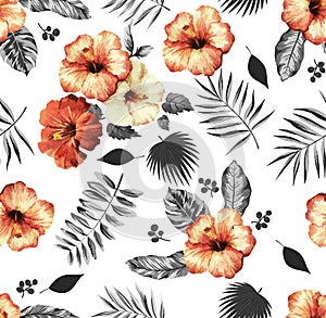 Beautiful flower pattern black and white tropical leaf and colorred hibiscus flower design