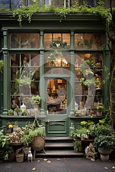 Beautiful flower shop entrance with delightful floral decor and charming showcase display.