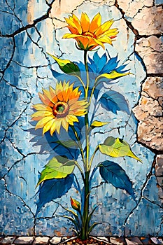 Beautiful flower in a weathered wall, growing oit of the cracks, in Van Gogh style, unique painting art, floral design