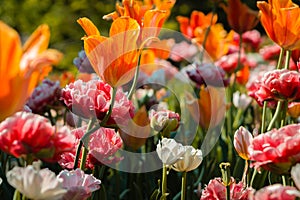 Beautiful flowerbed full of blooming tulips and peonies at the Frederik Meijer Gardens in Grand Rapids Michigan