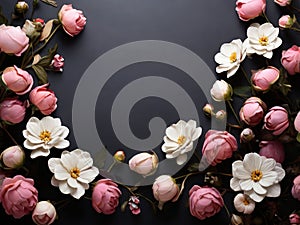 Beautiful flowers on black background, flat lay.