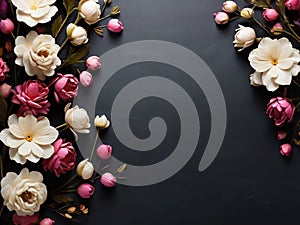 Beautiful flowers on black background, flat lay. Space for text