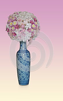 beautiful flowers bouquet on large blue and white ceramic vases on pink background, object, vintage, decor, ancient, gift, copy