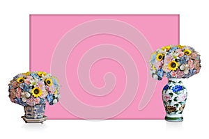 beautiful flowers in ceramic vases and flowers in ceramic pot on on white frame inside pink background, nature, object, decor,